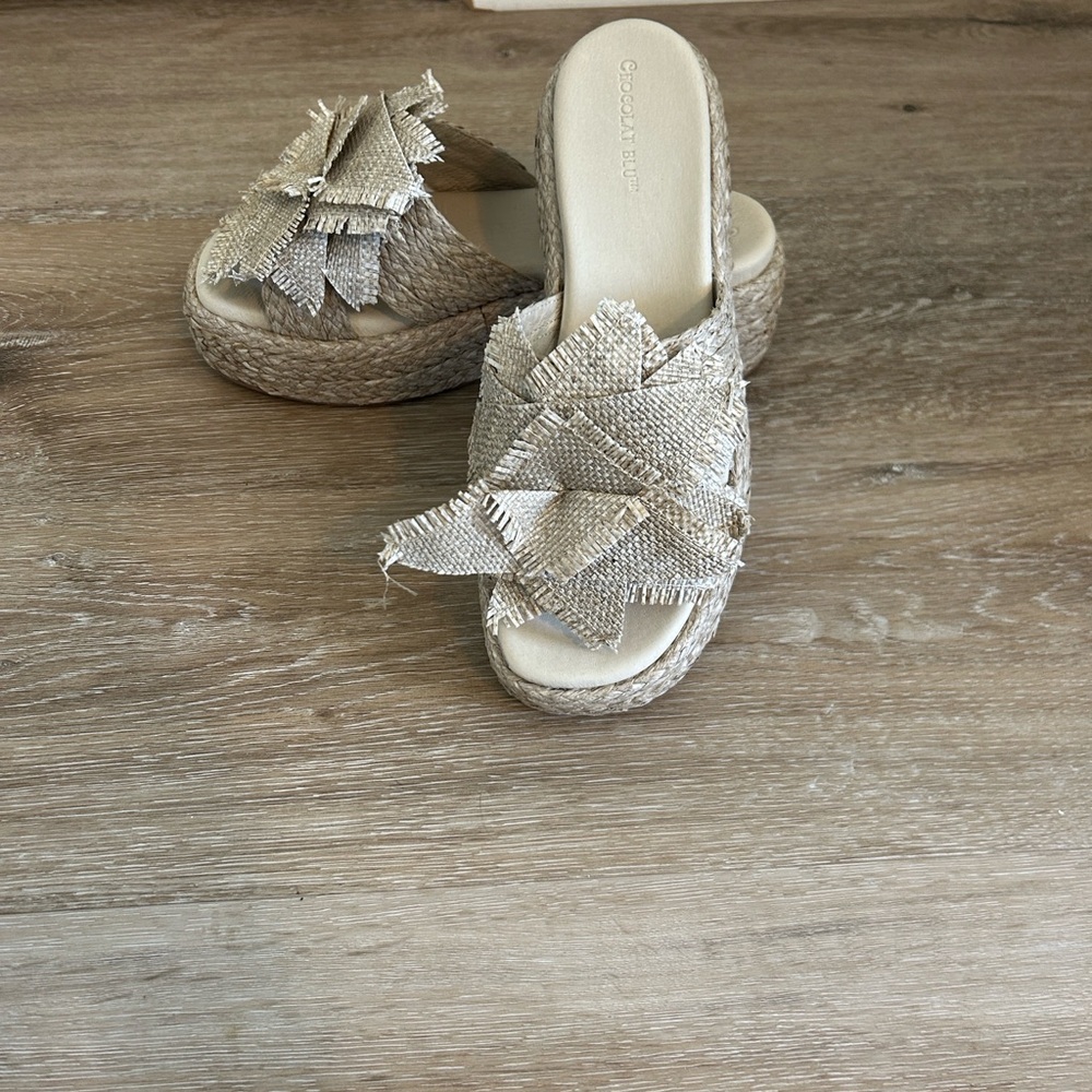 NWT in Box Chocolat Blu Tan Woven Raffia Espadrille Slides